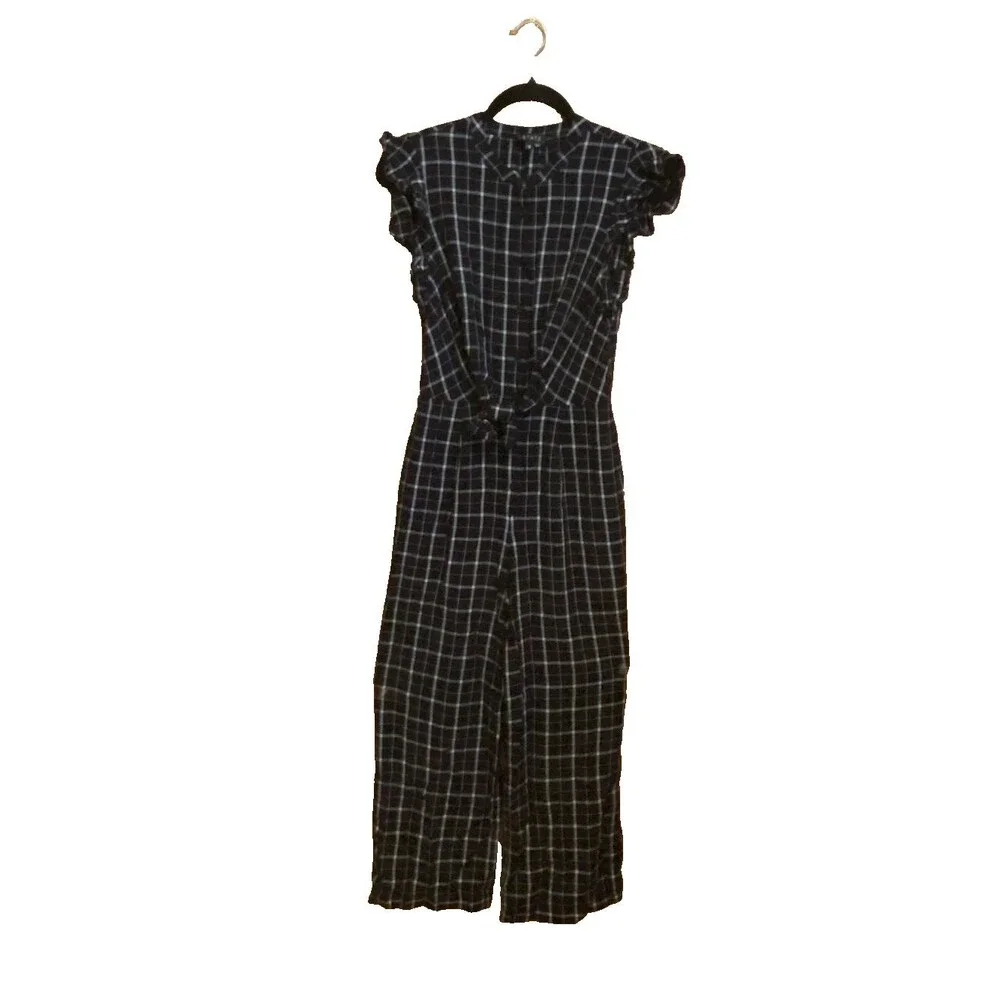 1. STATE Plaid Rayon Windowpane Wide Leg Jumpsuit Size 0 Black & White - Picture 1 of 11